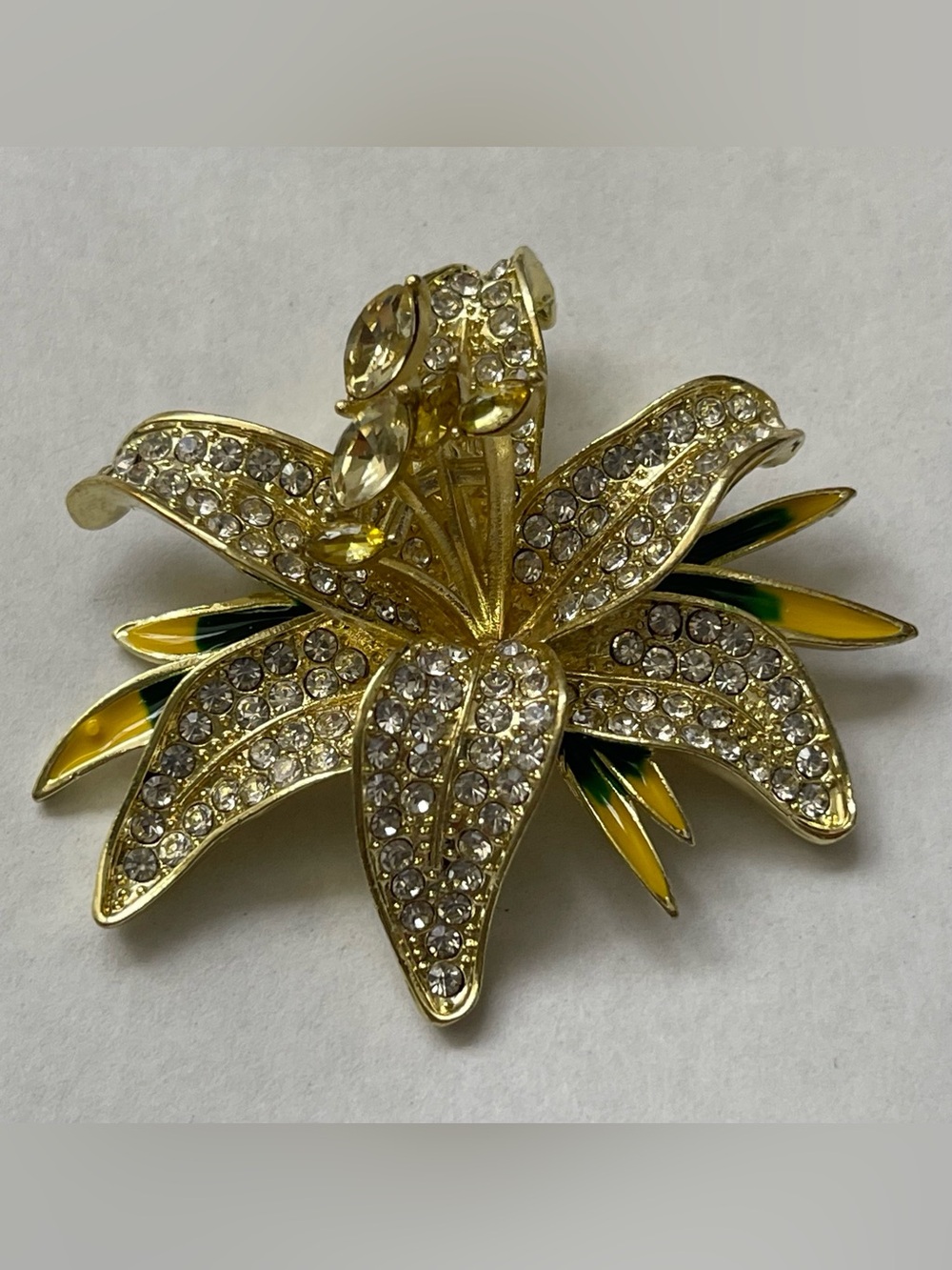 Lily flower brooch, rhinestone and enamel